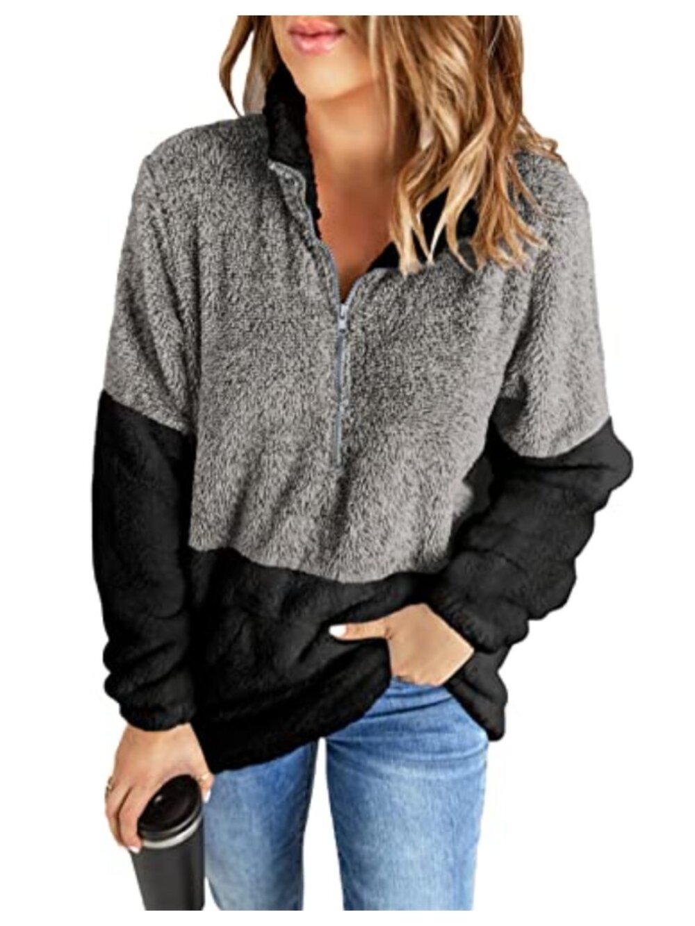 Plaid Sherpa Fleece Quarter Zip Sweatshirt Long Sleeve Pockets Women